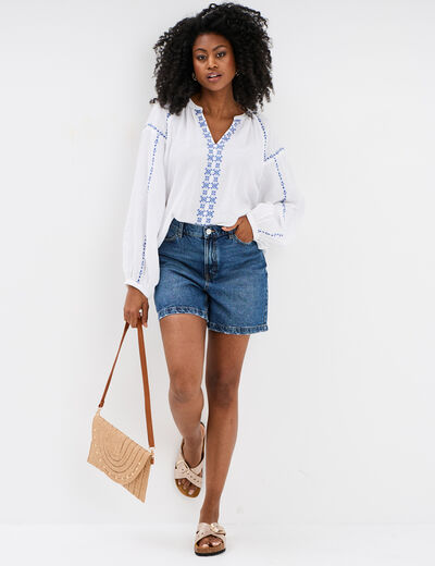 Blouse brod&eacute;e manches longues coton blanc femme