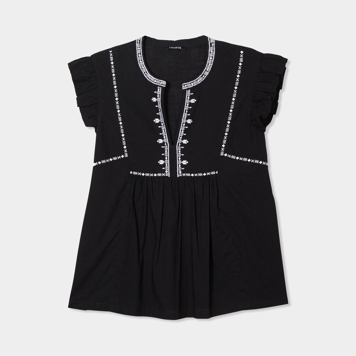 Blouse brod&eacute;e &agrave; volants coton noir femme
