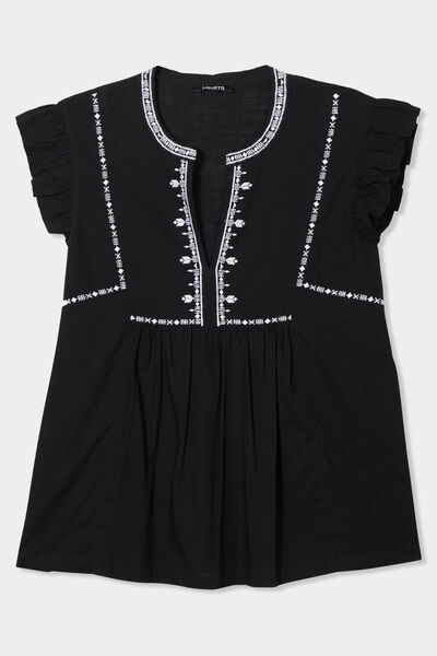 Blouse brod&eacute;e &agrave; volants coton noir femme