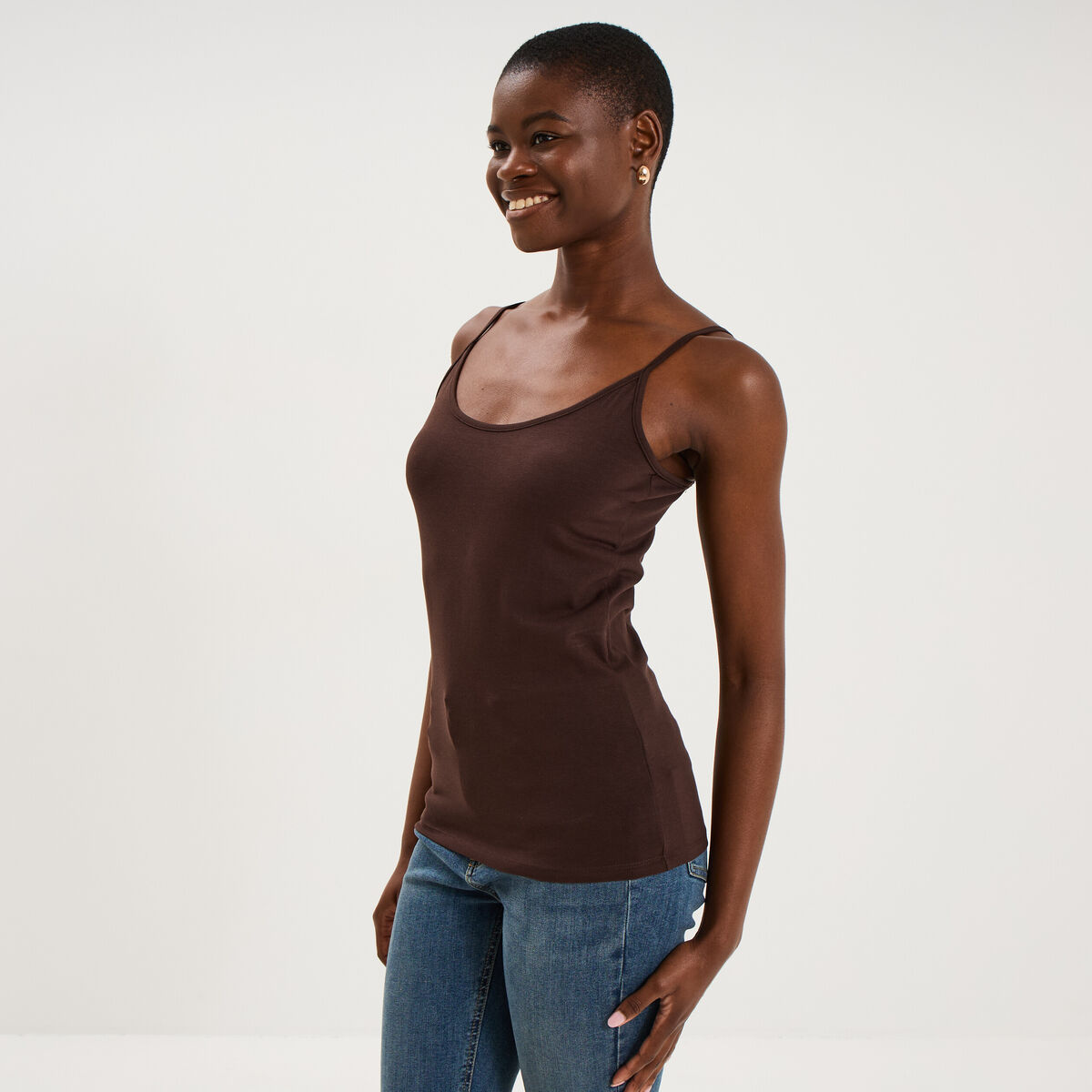 D&eacute;bardeur coton bretelles r&eacute;glables marron fonc&eacute; femme