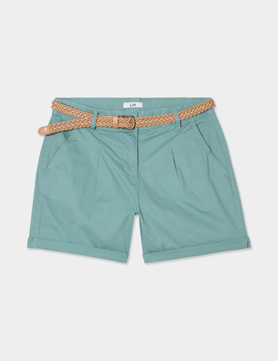 Short chino ceinture tressée bleu gris femme