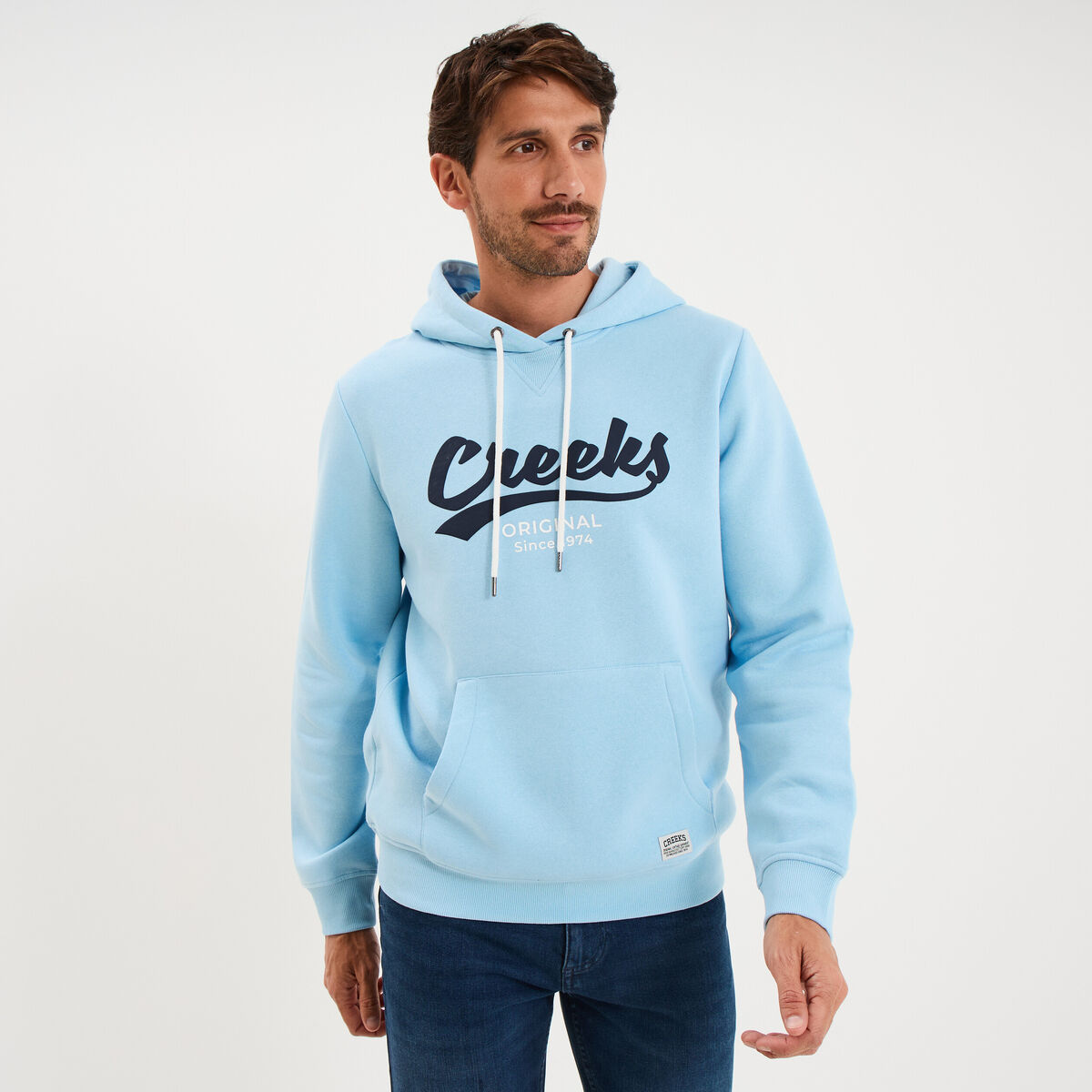 Sweat hoodie 1 poche manches longues bleu clair homme