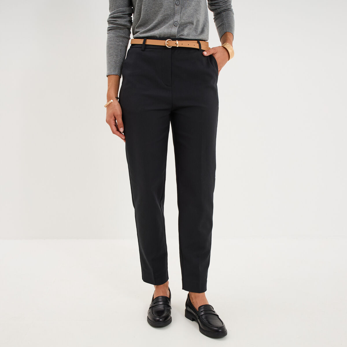 Pantalon chino ceinture amovible noir femme