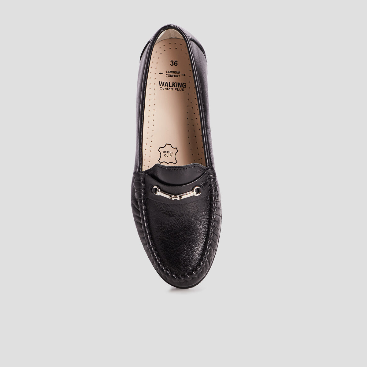 Mocassins en cuir compens&eacute;s pied large noir femme