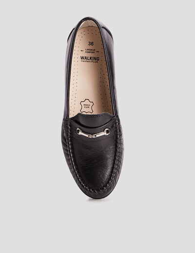 Mocassins en cuir compens&eacute;s pied large noir femme