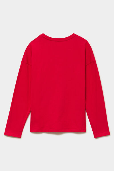 T-shirt &agrave; paillettes No&euml;l col rond coton rouge fille
