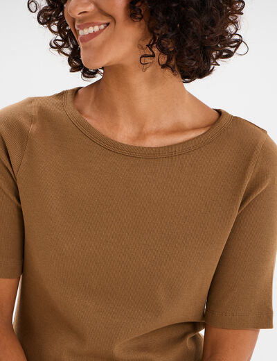 T-shirt col rond manches courtes coton beige femme