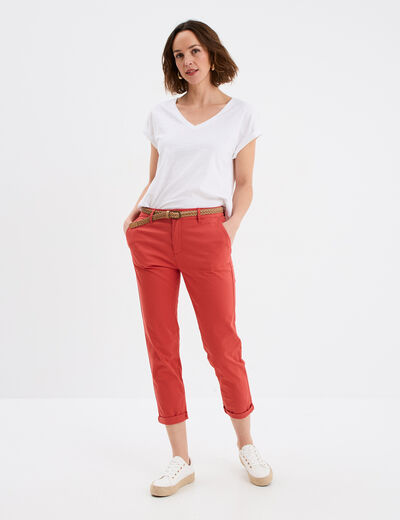 Pantalon chino 7/8ème ceinture tressée rouge corail femme