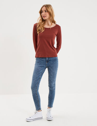 T-shirt coton col rond manches longues marron cognac femme