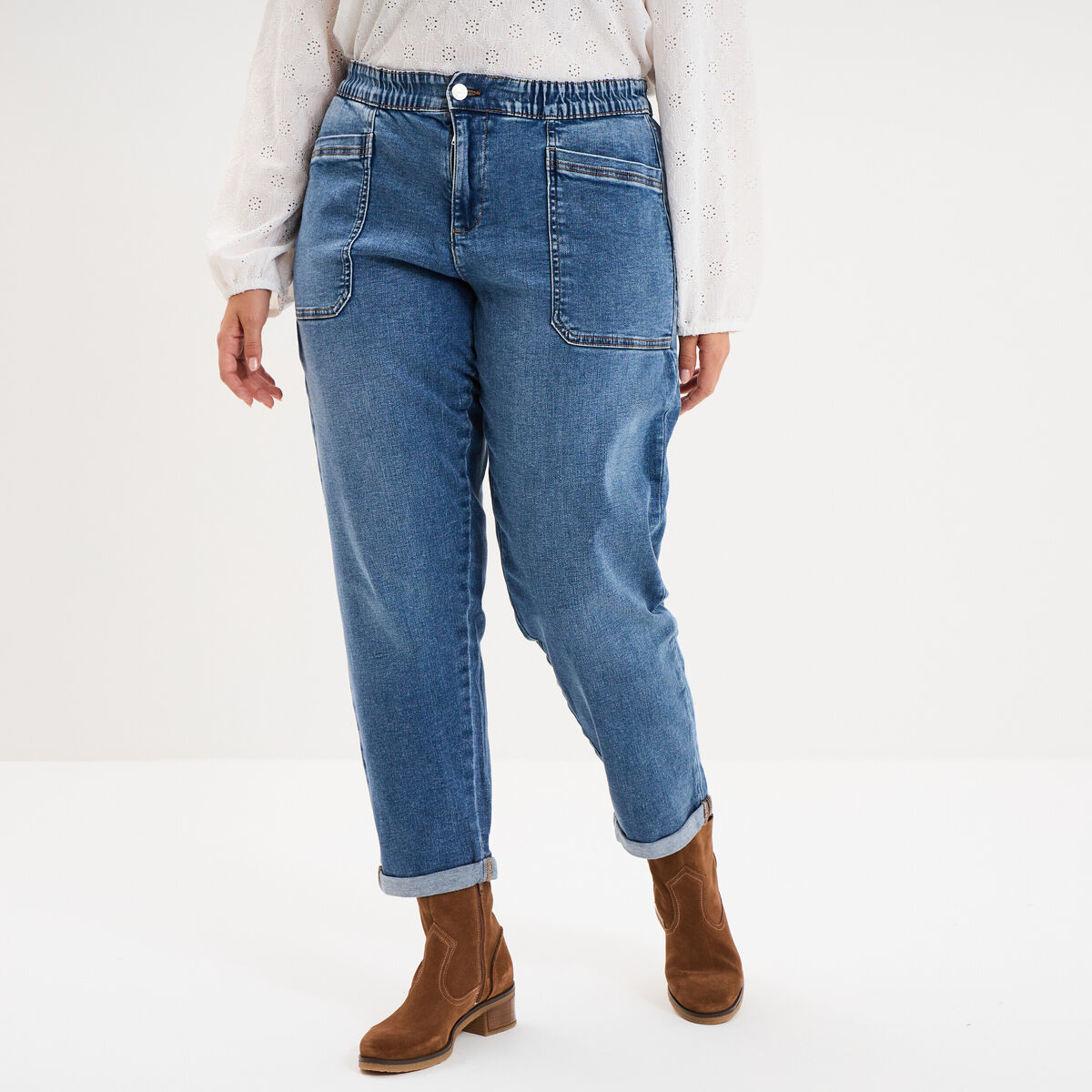 Jean droit taille &eacute;lastiqu&eacute;e &agrave; revers denim stone femme grande taille