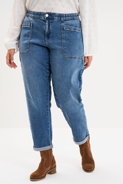 Jean droit taille &eacute;lastiqu&eacute;e &agrave; revers denim stone femme grande taille
