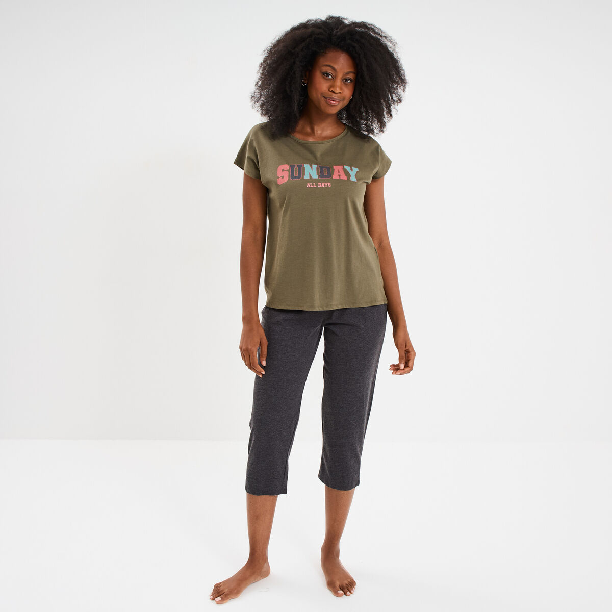 Ensemble pyjama corsaire t-shirt coton vert kaki femme