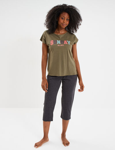 Ensemble pyjama corsaire t-shirt coton vert kaki femme