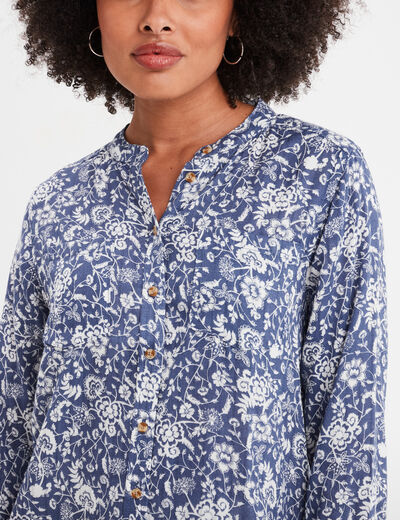 Chemise manches longues col mao bleu gris femme