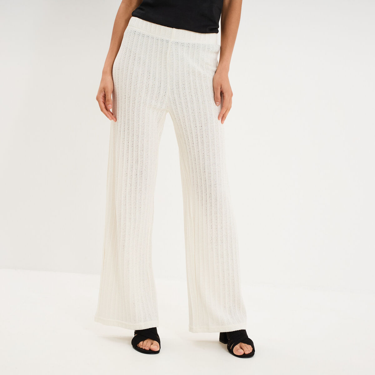 Pantalon large effet crochet &eacute;lastiqu&eacute; ecru femme