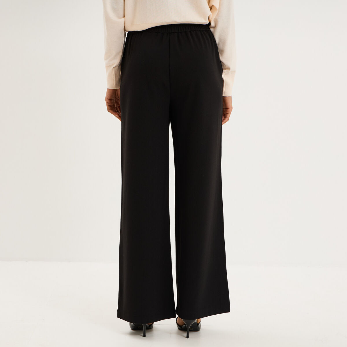 Pantalon &agrave; ponts flare effet cr&ecirc;pe noir femme