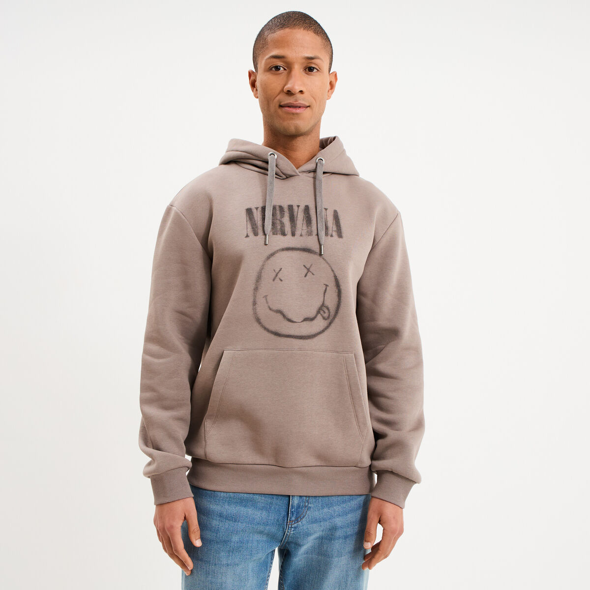Sweat hoodie molleton 1 poche Nirvana taupe homme