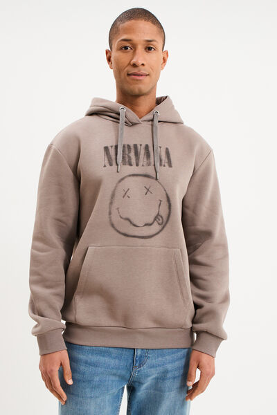 Sweat hoodie molleton 1 poche Nirvana taupe homme