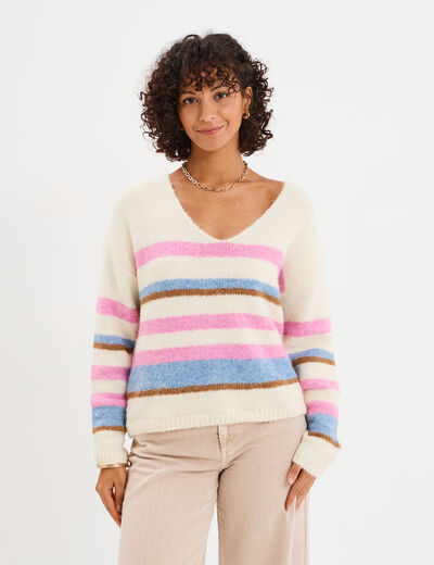 Pull col en V manches longues ecru femme