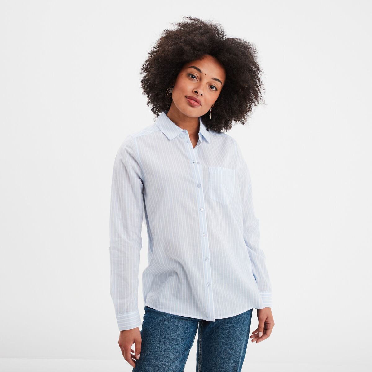 Chemise manches ajustables 1 poche coton bleu ciel femme