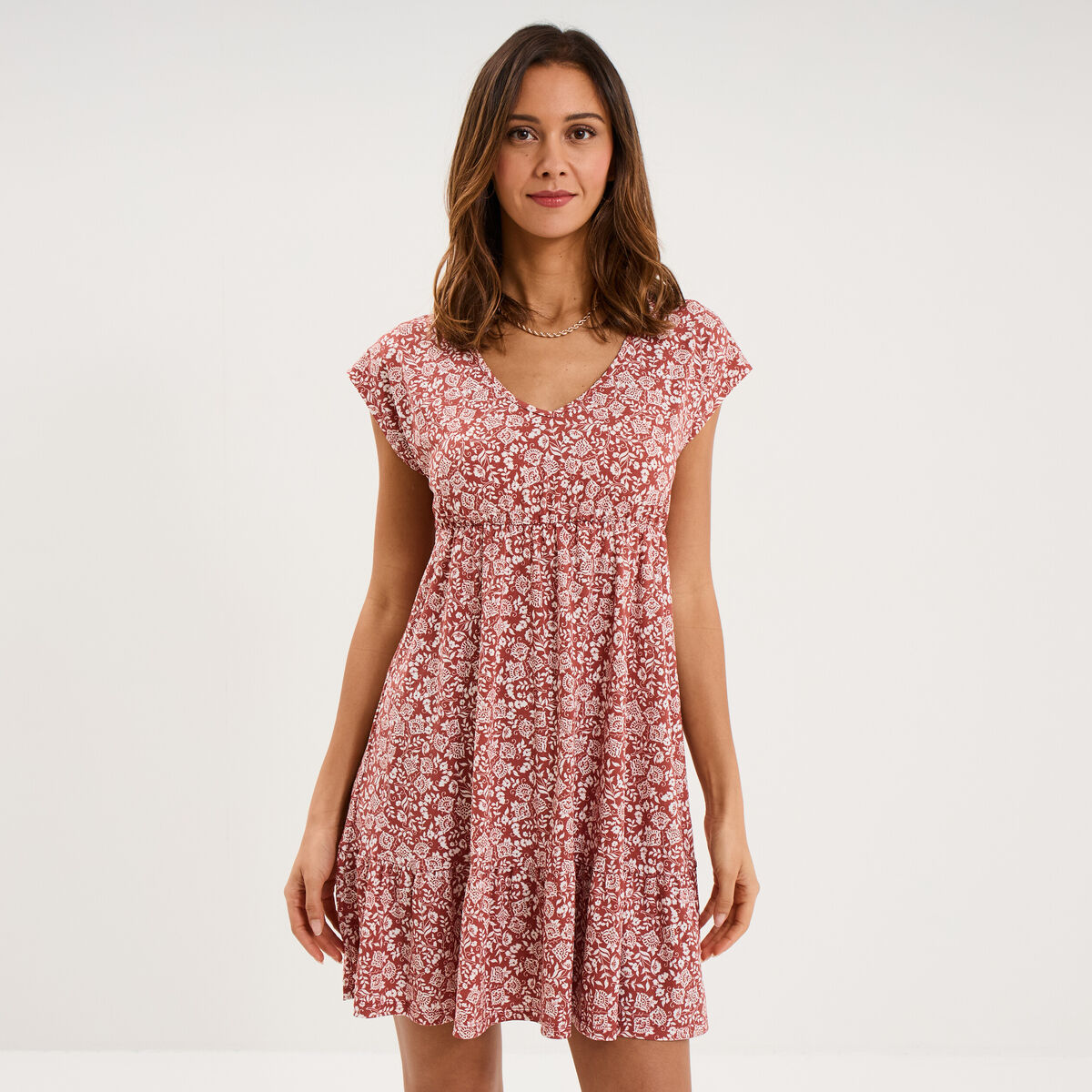Robe patineuse manches courtes terracotta femme