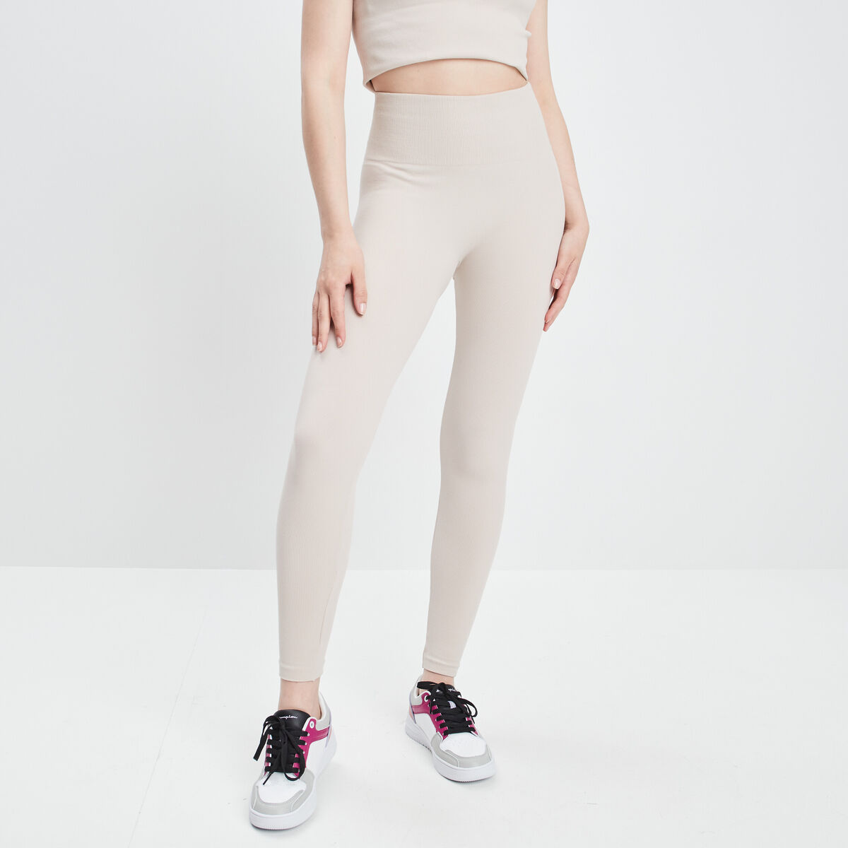 Legging taille haute côtelé sable femme