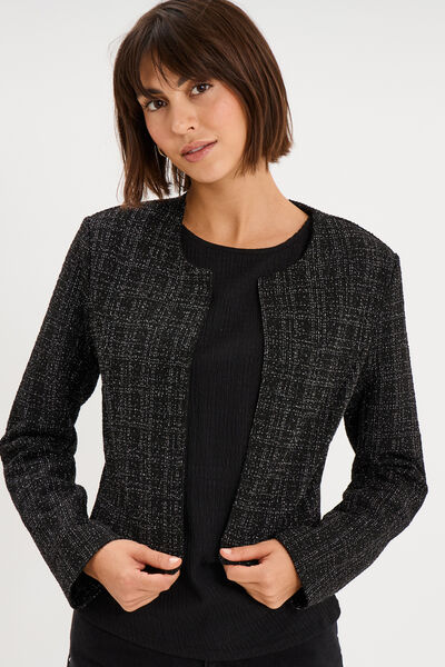 Veste bol&eacute;ro tweed manches longues noir femme