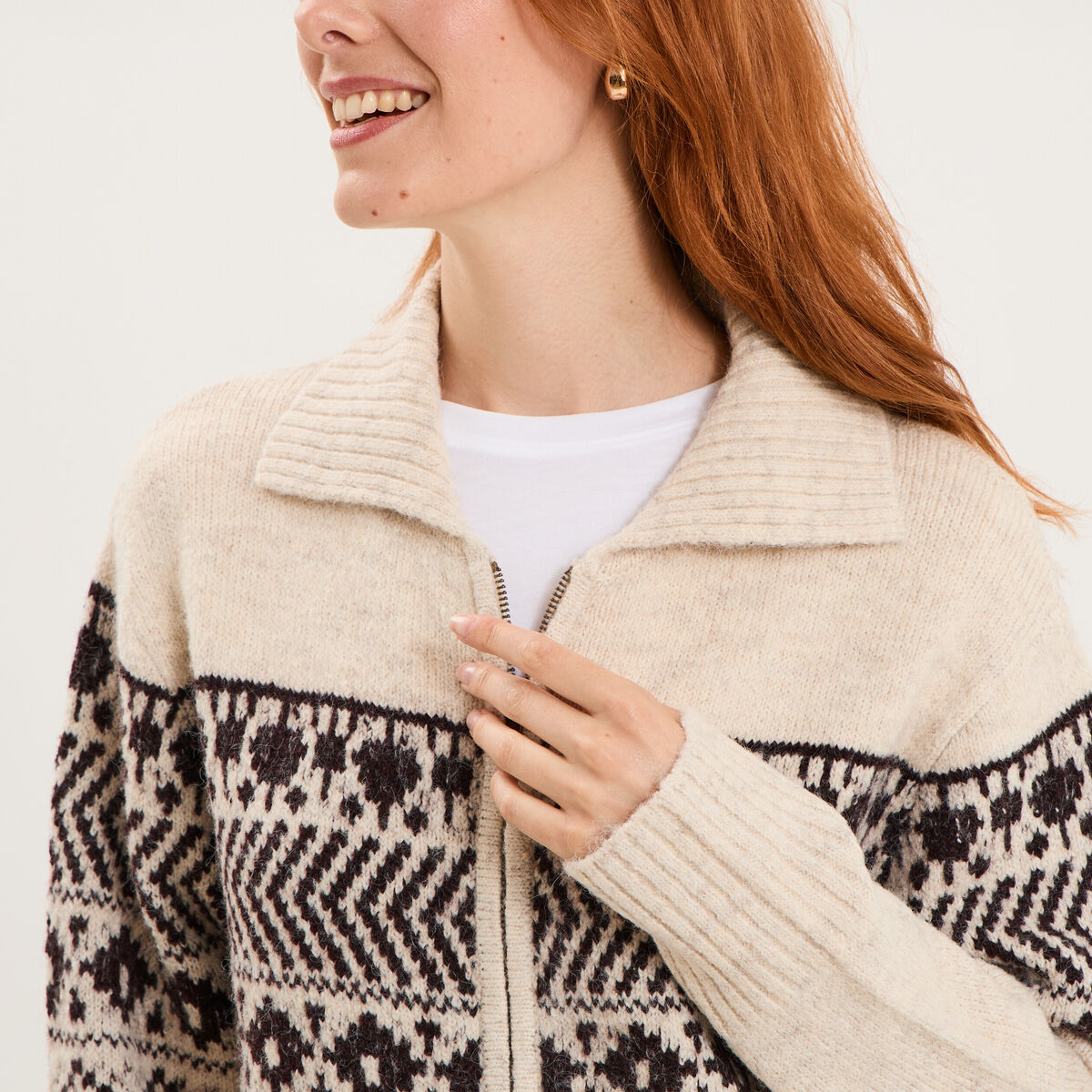 Gilet droit col &agrave; revers zipp&eacute; beige femme