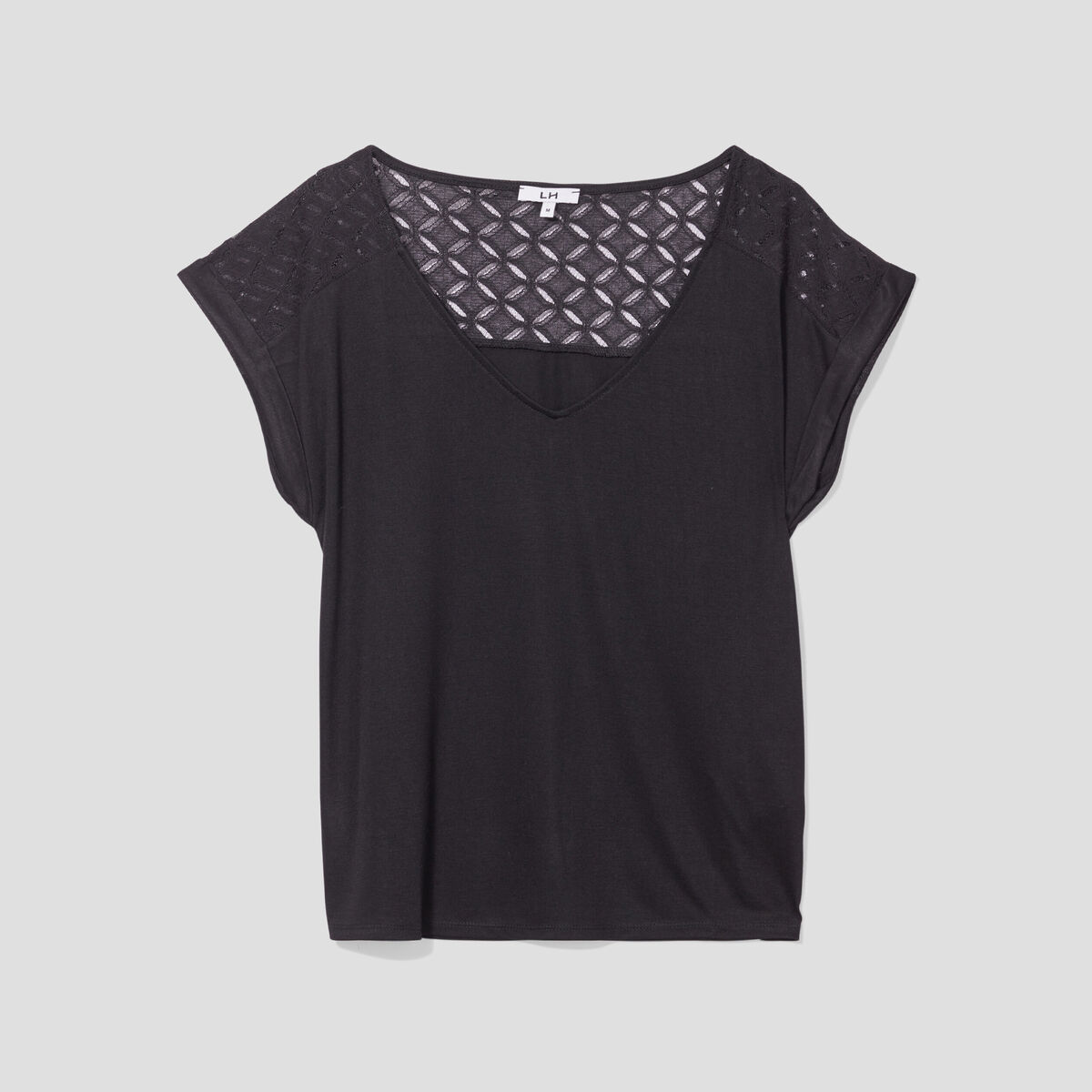 T-shirt col en V dentelle épaules et dos noir femme