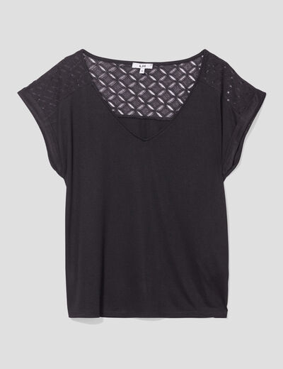 T-shirt col en V dentelle épaules et dos noir femme