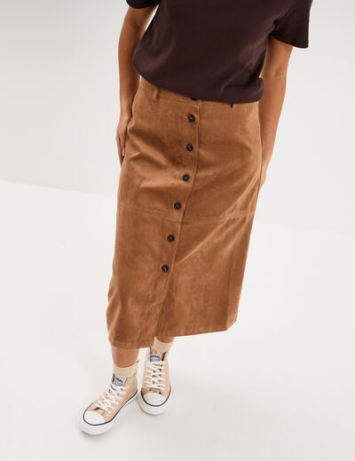 Jupe longue effet su&eacute;dine marron femme