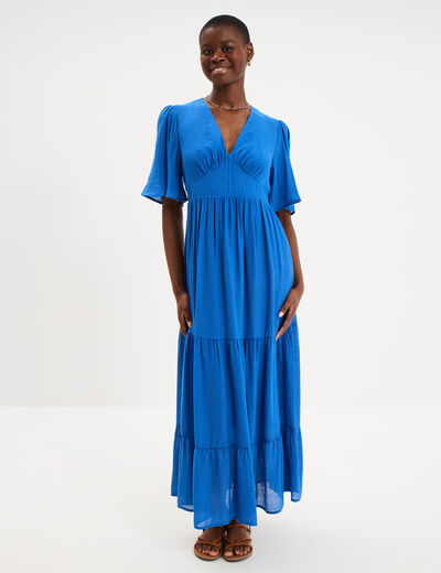Robe longue fluide &agrave; volants bleu electrique femme