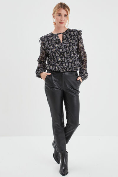 Blouse à volants bords smockés Liberto noir femme