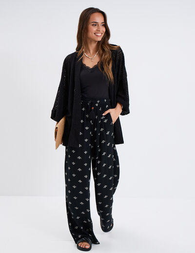 Pantalon fluide large crêpe noir femme