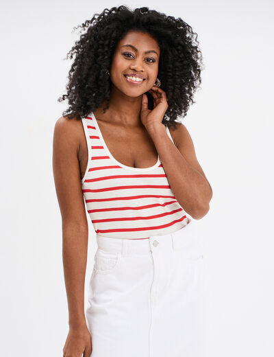 Débardeur col rond côtelé coton ecru femme
