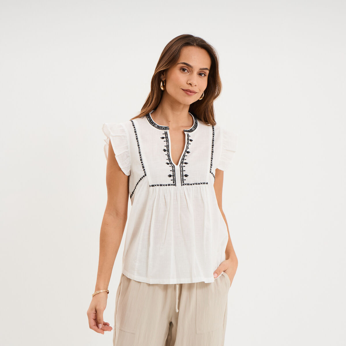 Blouse brod&eacute;e &agrave; volants coton blanc femme