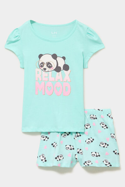 Ensemble pyjama short et t-shirt coton bleu turquoise fille