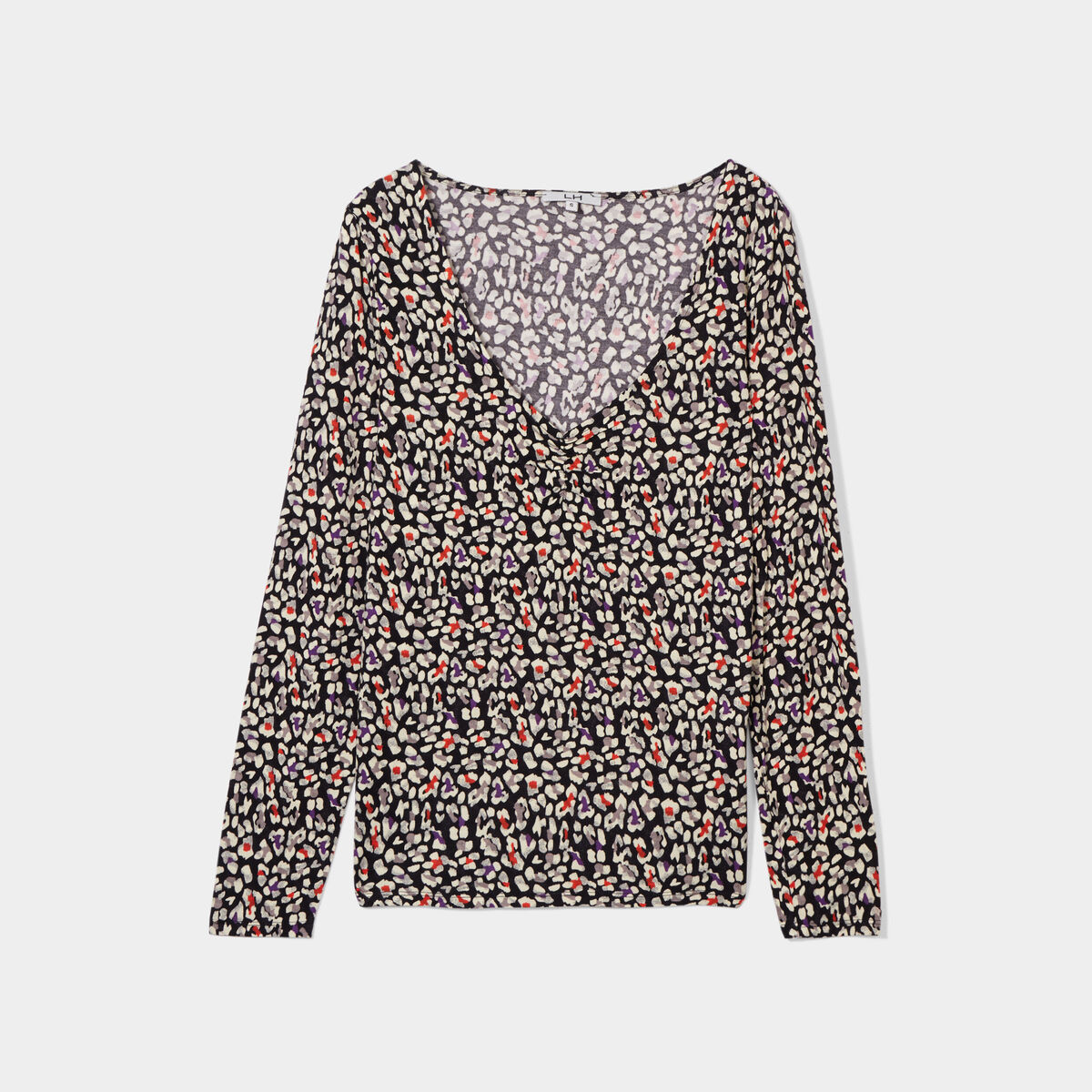T-shirt col en V manches longues noir femme