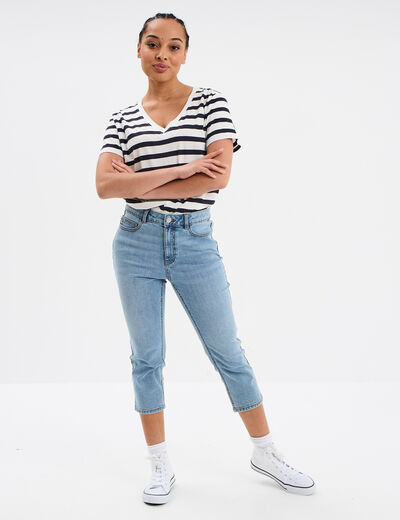 T-shirt col en V manches courtes coton ecru femme