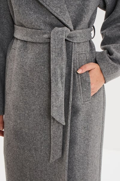 Manteau long oversize ceintur&eacute; gris femme