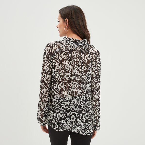 Blouse col froncé à cordons et volants noir femme