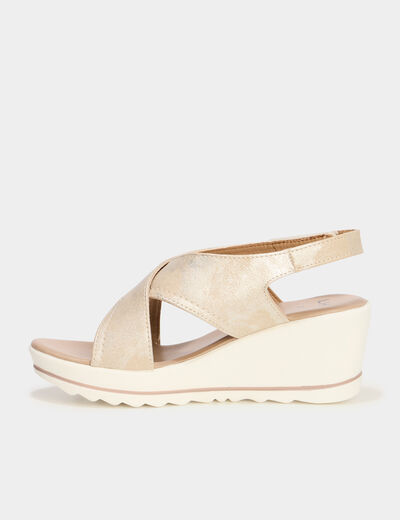 Sandales compensées brides croisées jaune or femme