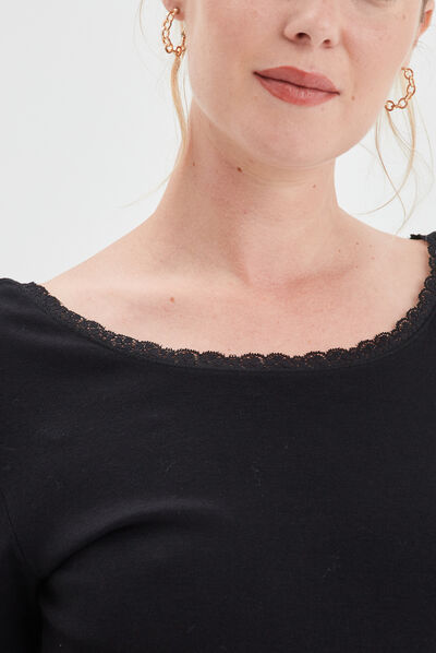 T-shirt avec dentelle au col noir femme