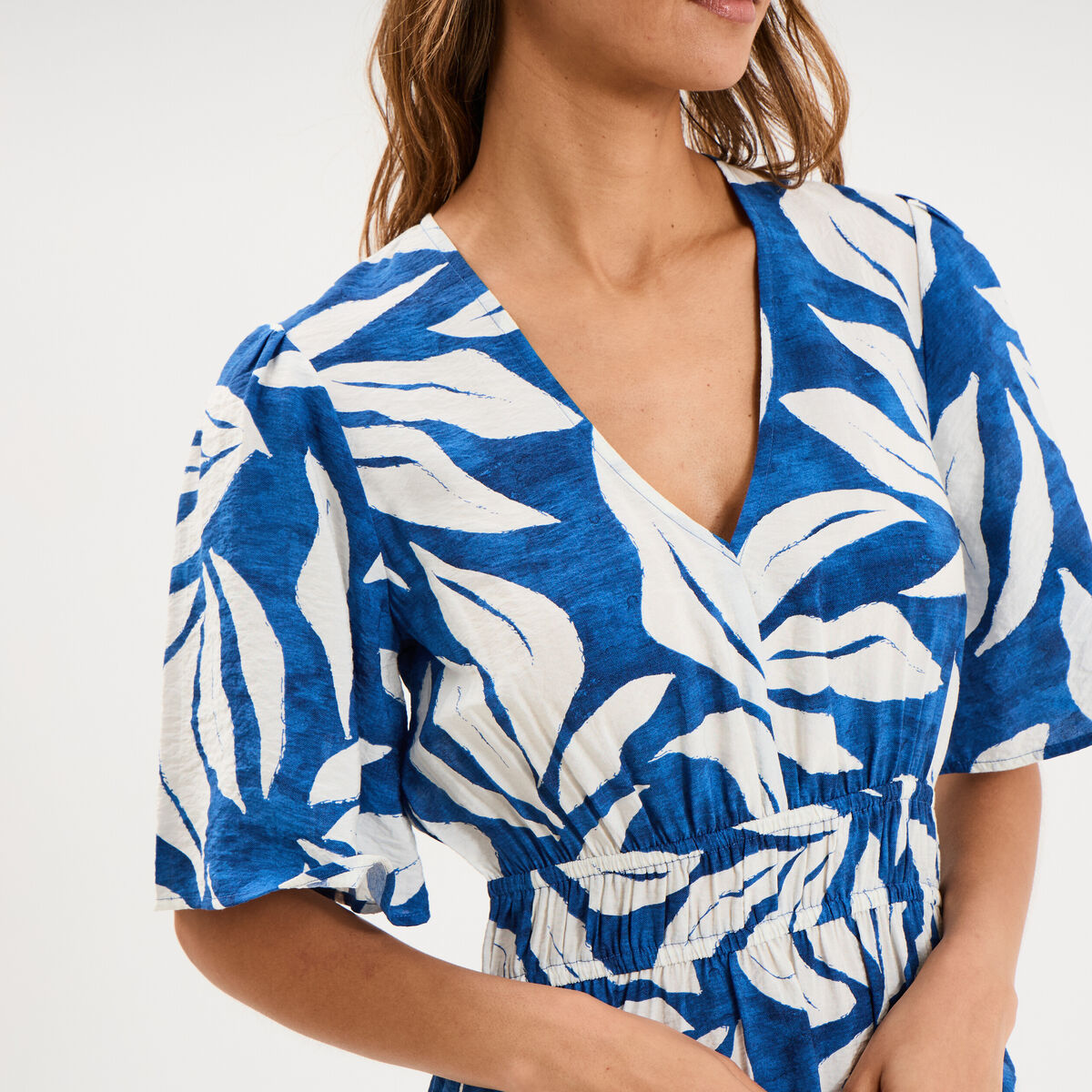 Robe longue col V taille &eacute;lastiqu&eacute;e bleu marine femme
