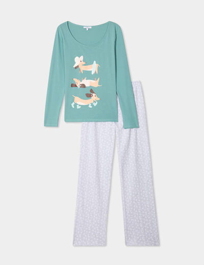 Ensemble pyjama pantalon 2 pièces coton bleu gris femme