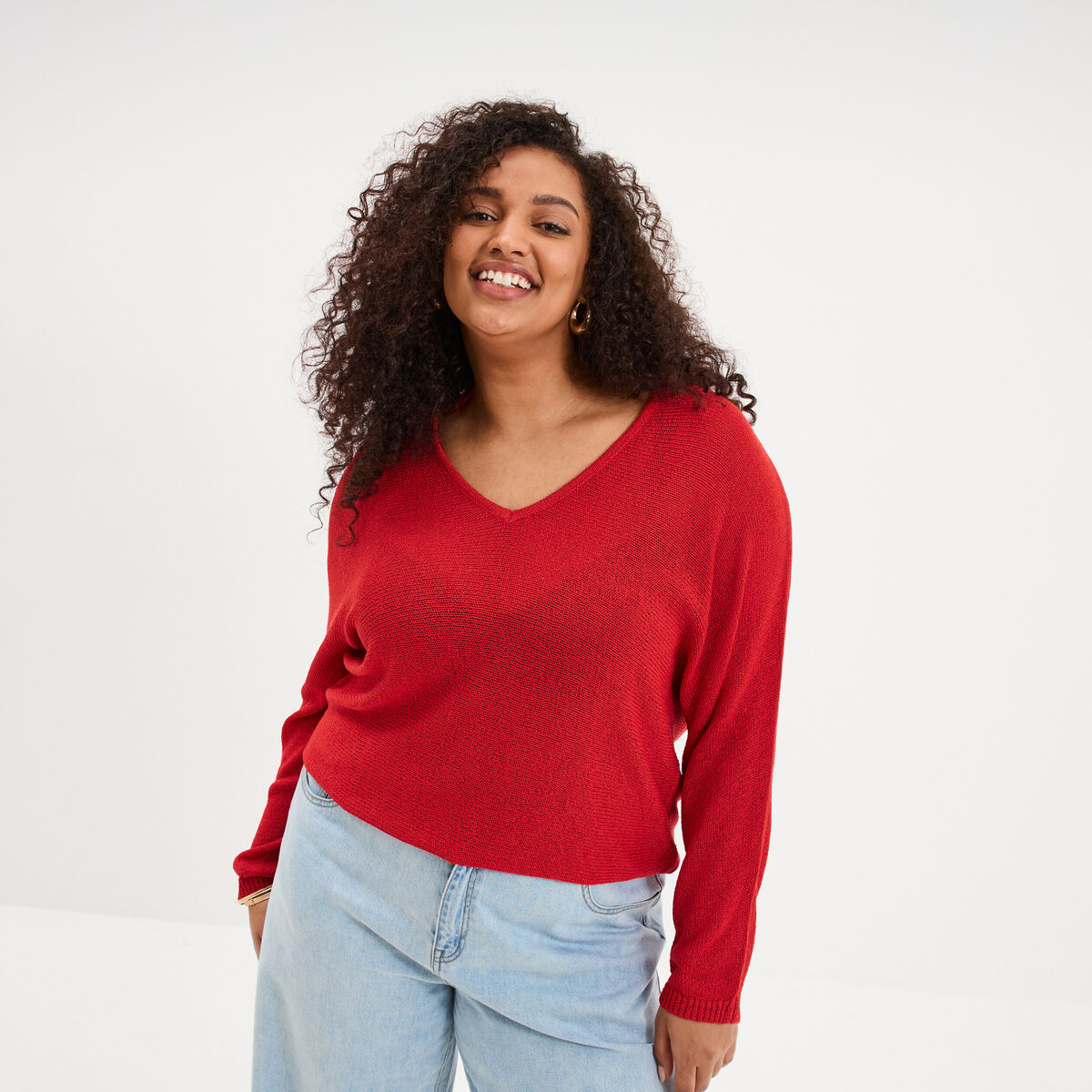Pull ajust&eacute; manches longues rouge femme grande taille