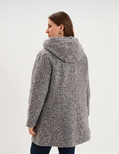 Manteau aspect bouclette &agrave; capuche gris femme grande taille