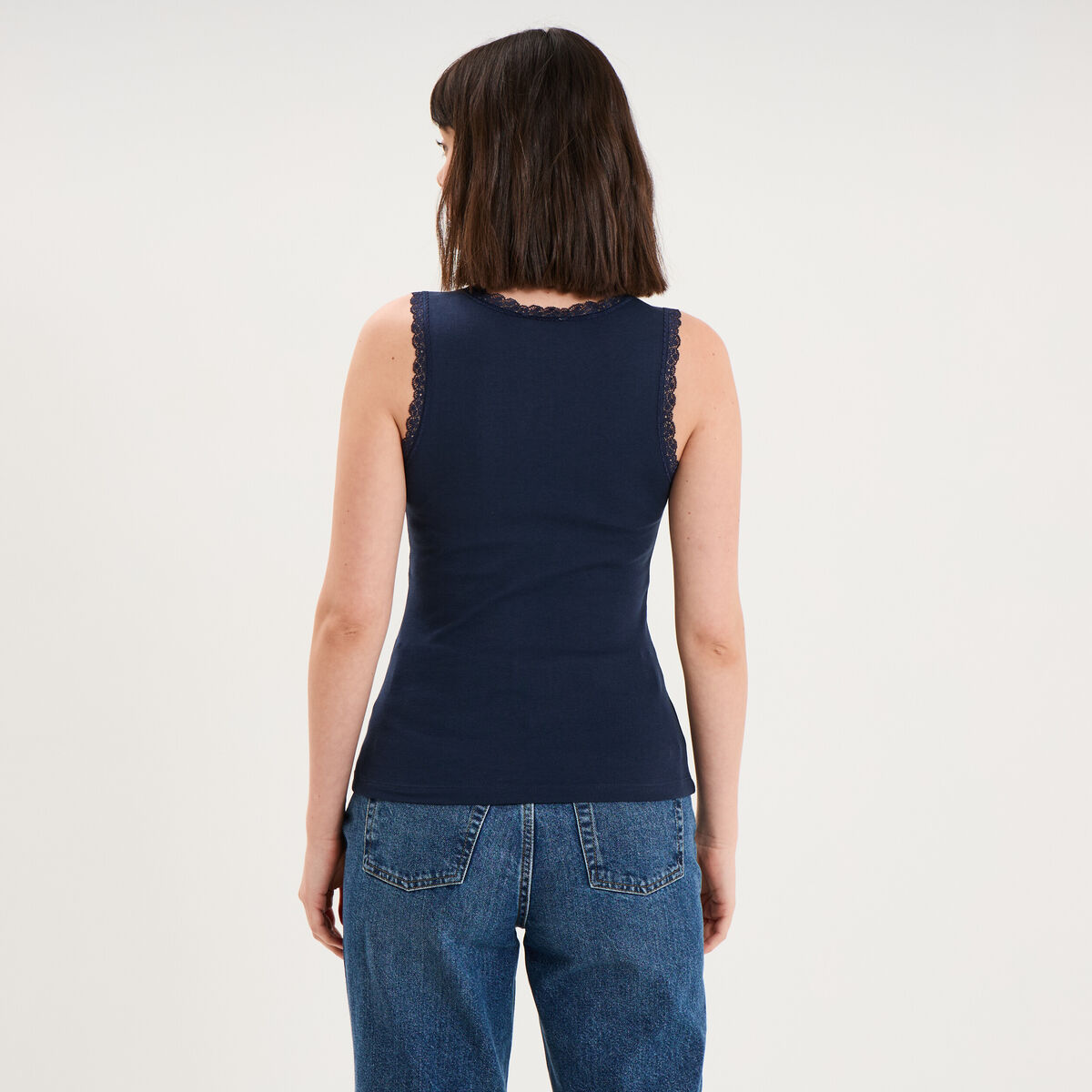 D&eacute;bardeur coton bords dentelle bleu marine femme
