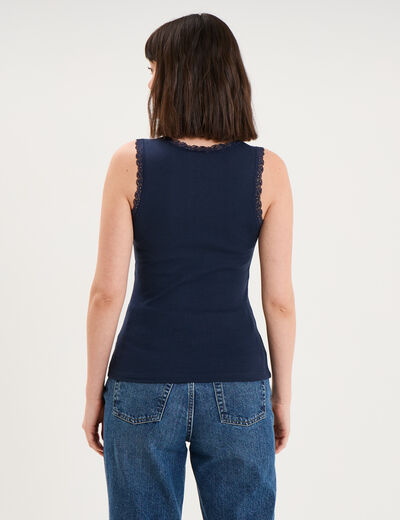 D&eacute;bardeur coton bords dentelle bleu marine femme