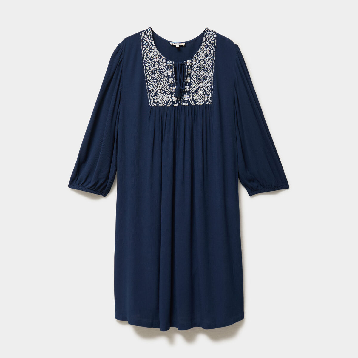 Robe fluide brod&eacute;e manches 3/4 bleu marine femme